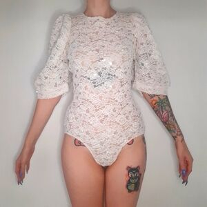 White Lace Bodysuit with White, Blue Pearls and Iridescent Sequins.